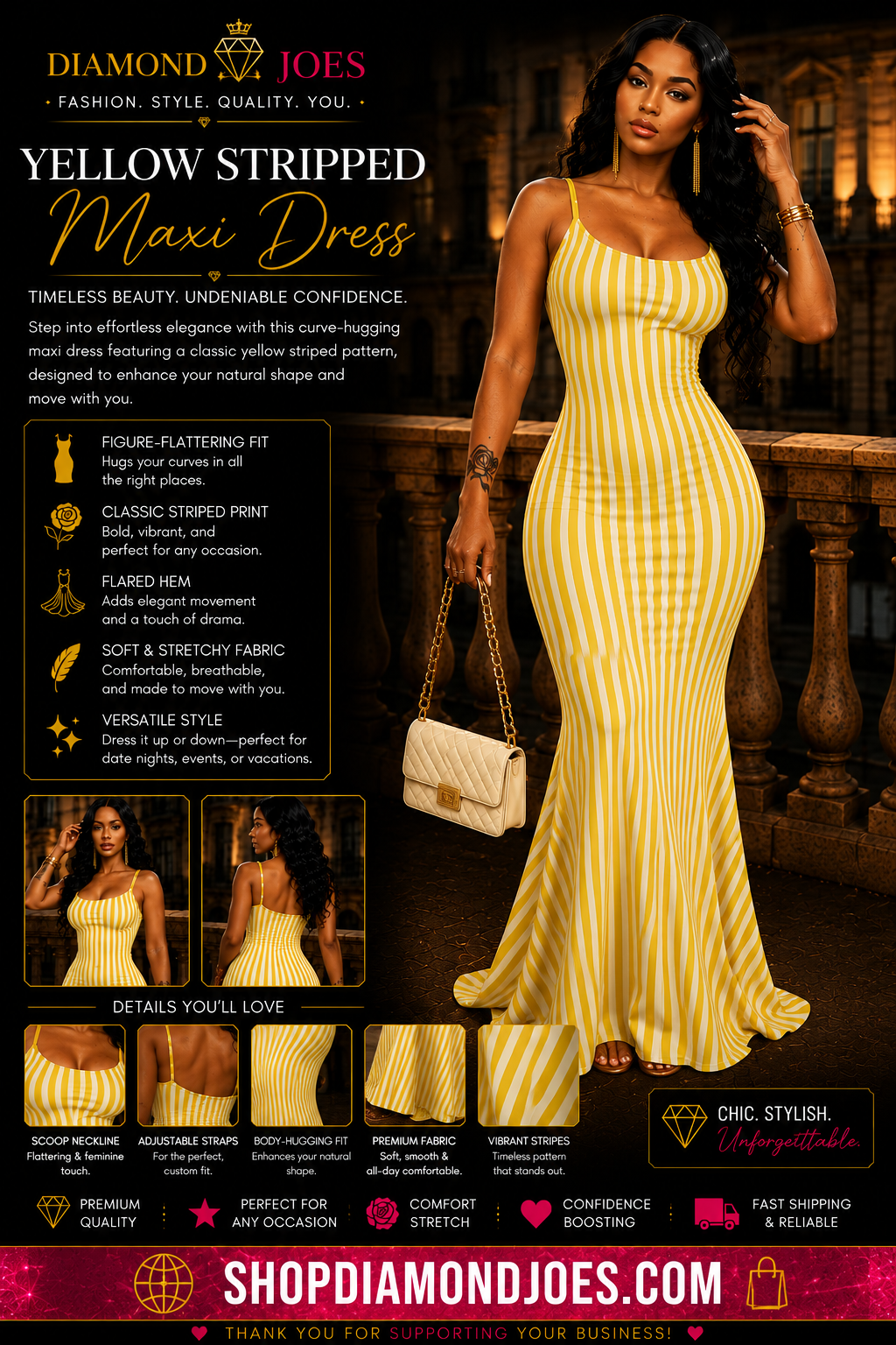 Yellow Striped Camisole Mermaid Long Dress, Elegant Slim Backless Dress