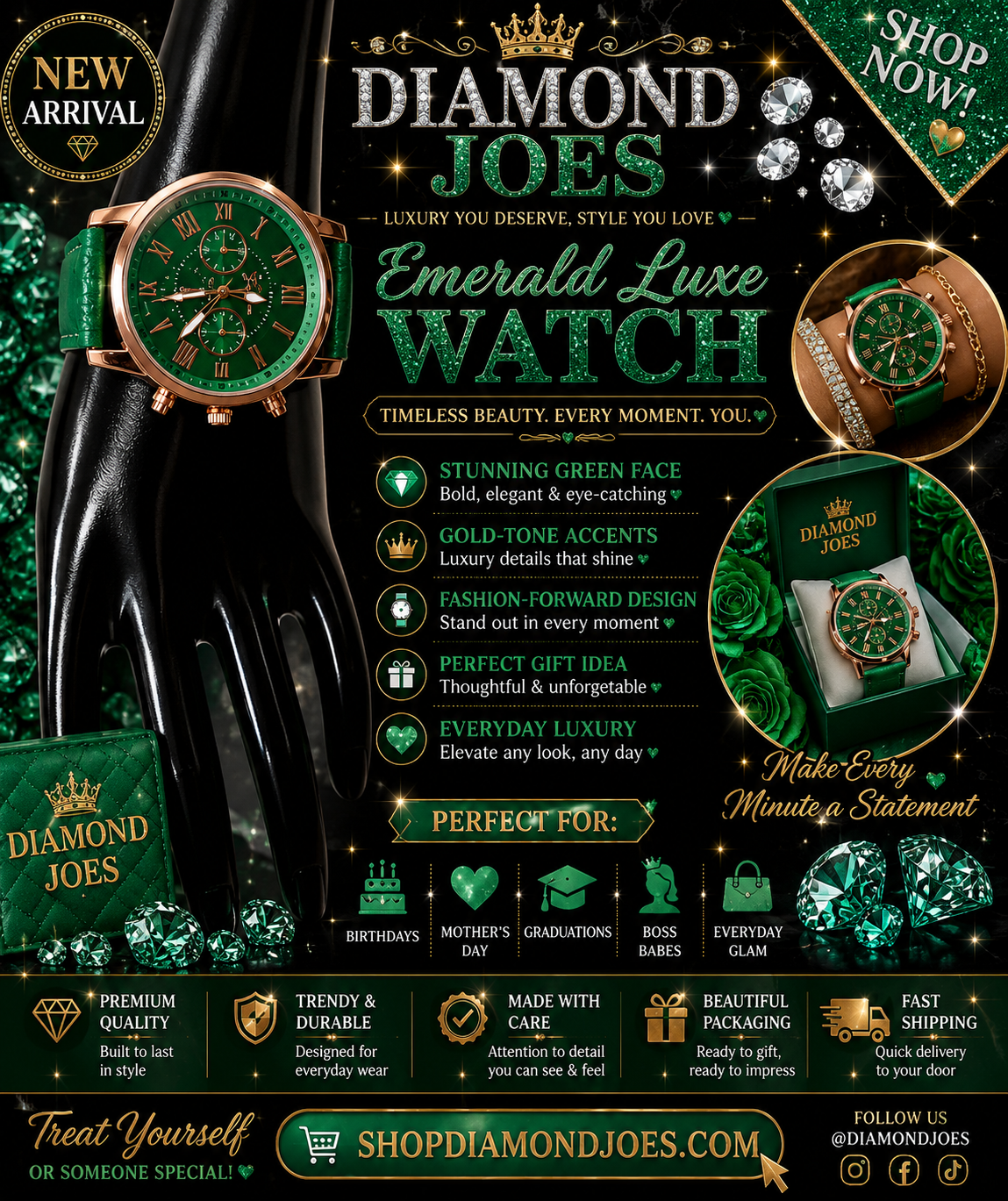 EMERALD GREEN DIAMOND WATCH LIMITED TIME