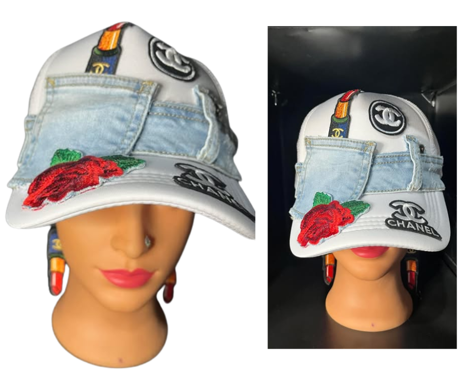 CHANEL WHITE CUSTOM TRUCKER HAT MATCHING EARRINGS