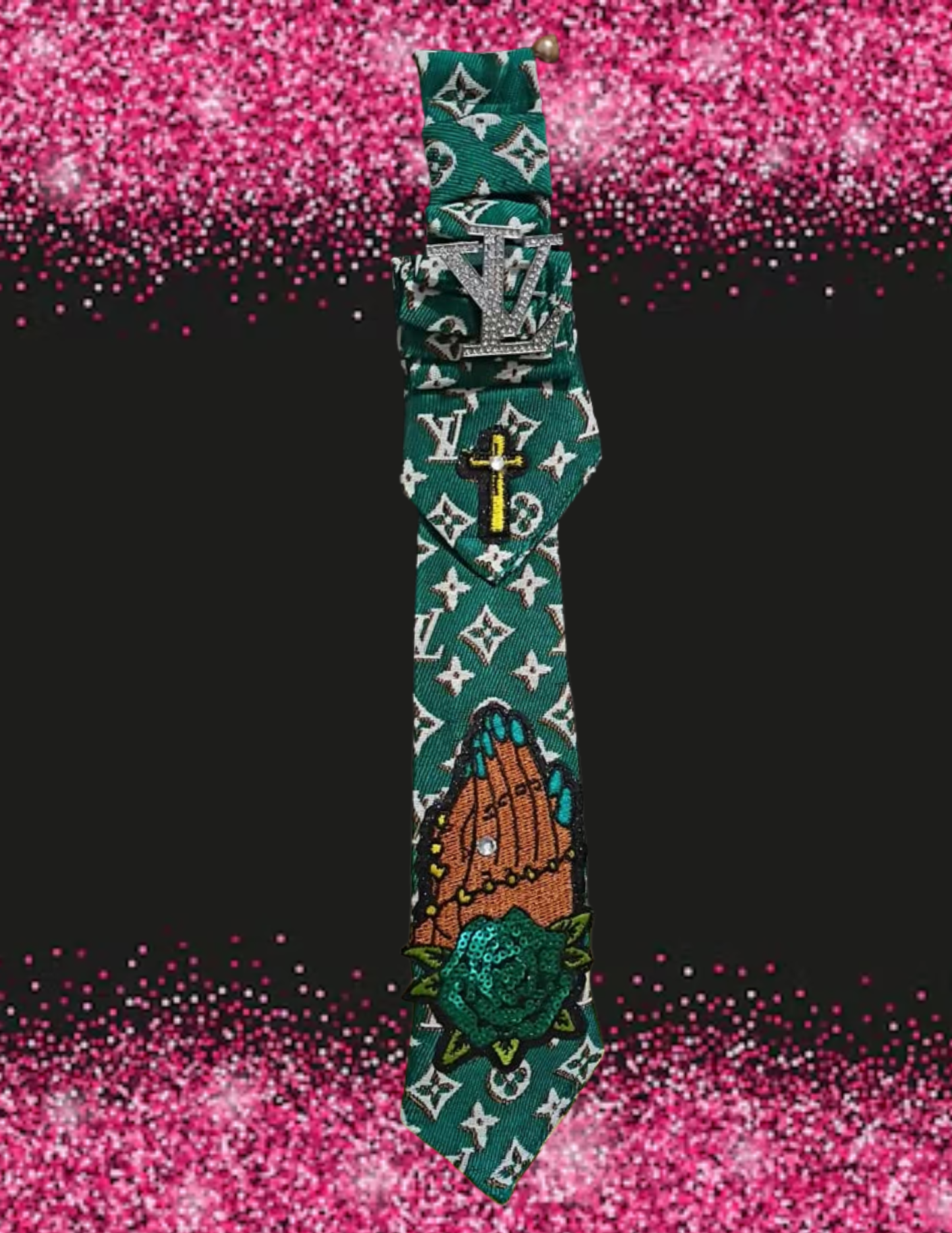 CUSTOM LV GREEN PRAYER HAND TIE