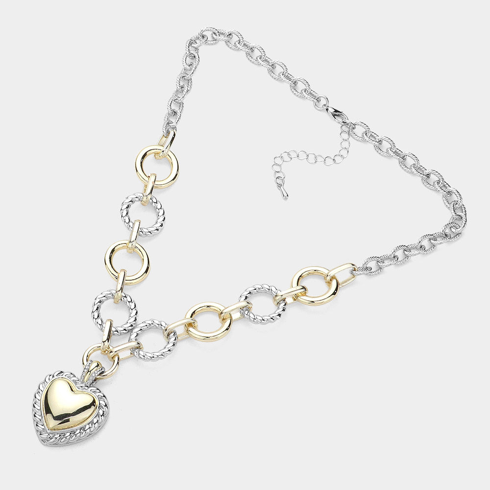 14K Gold Two Tone Textured Metal Heart Pendant Necklace