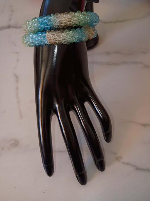 TEAL, WHITE,TAN BLING 2PC BRACELET SET