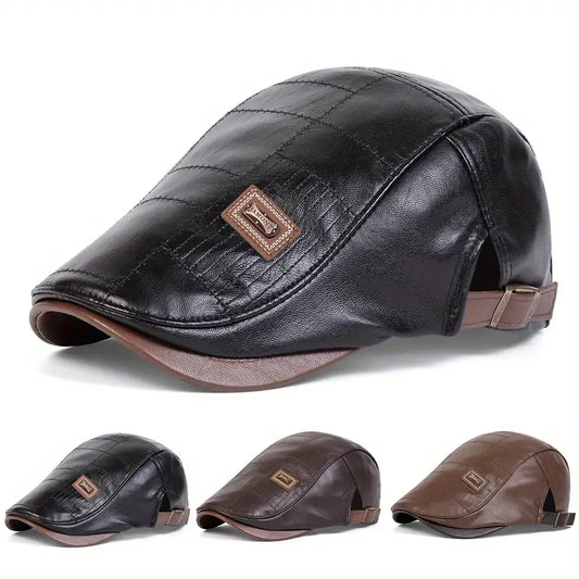 1pc Men Faux Leather Beret Outdoor Adjustable Sunscreen Leisure Hat