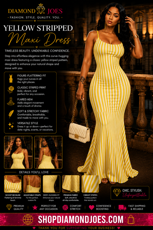 Yellow  Striped Camisole Mermaid Long Dress, Elegant Slim Backless Dress