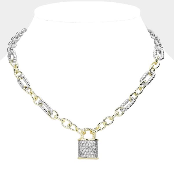 14K Gold Lock Pendant Two Tone Chain Necklace