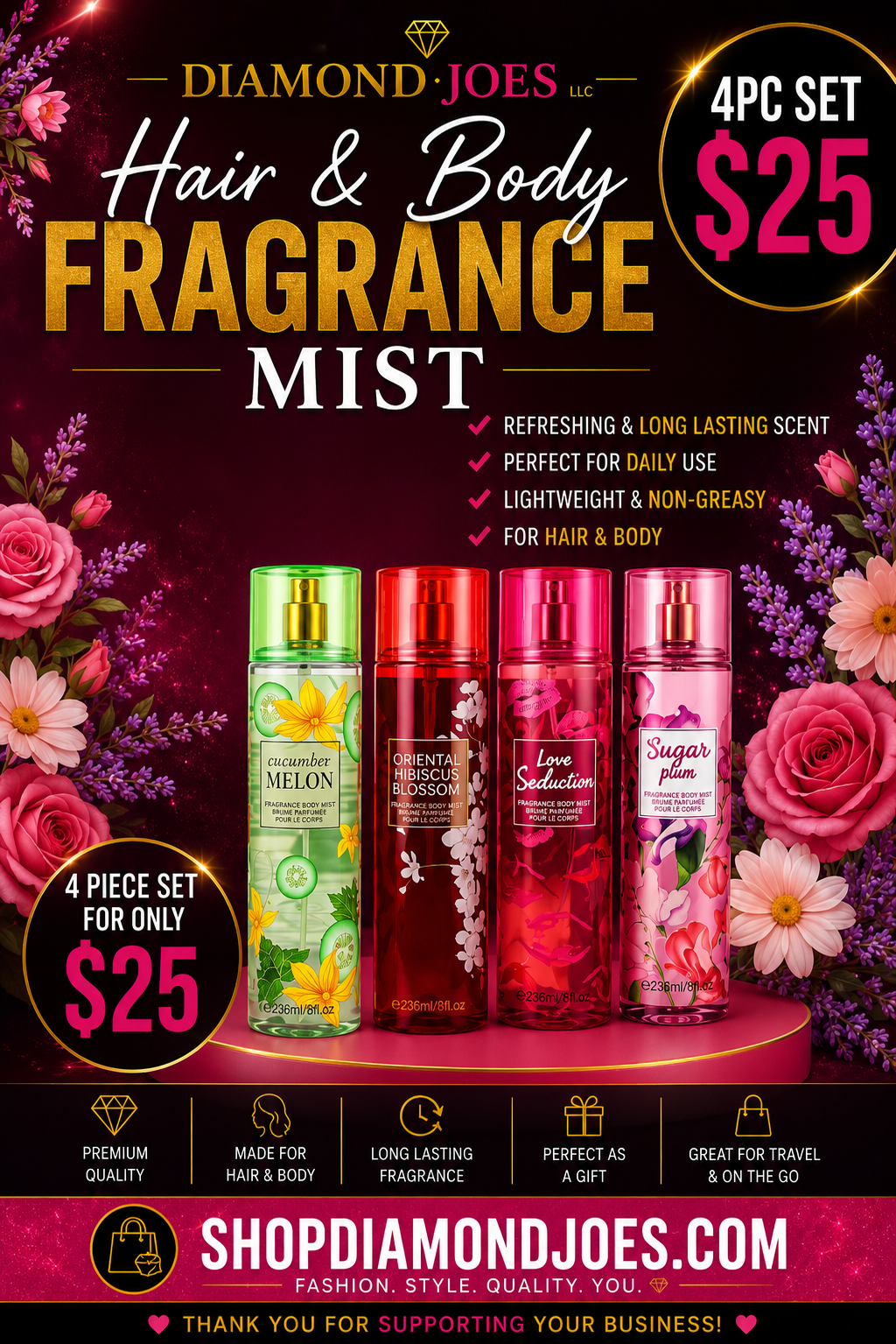 4PC PACK Hair and Body Fragrance Mist