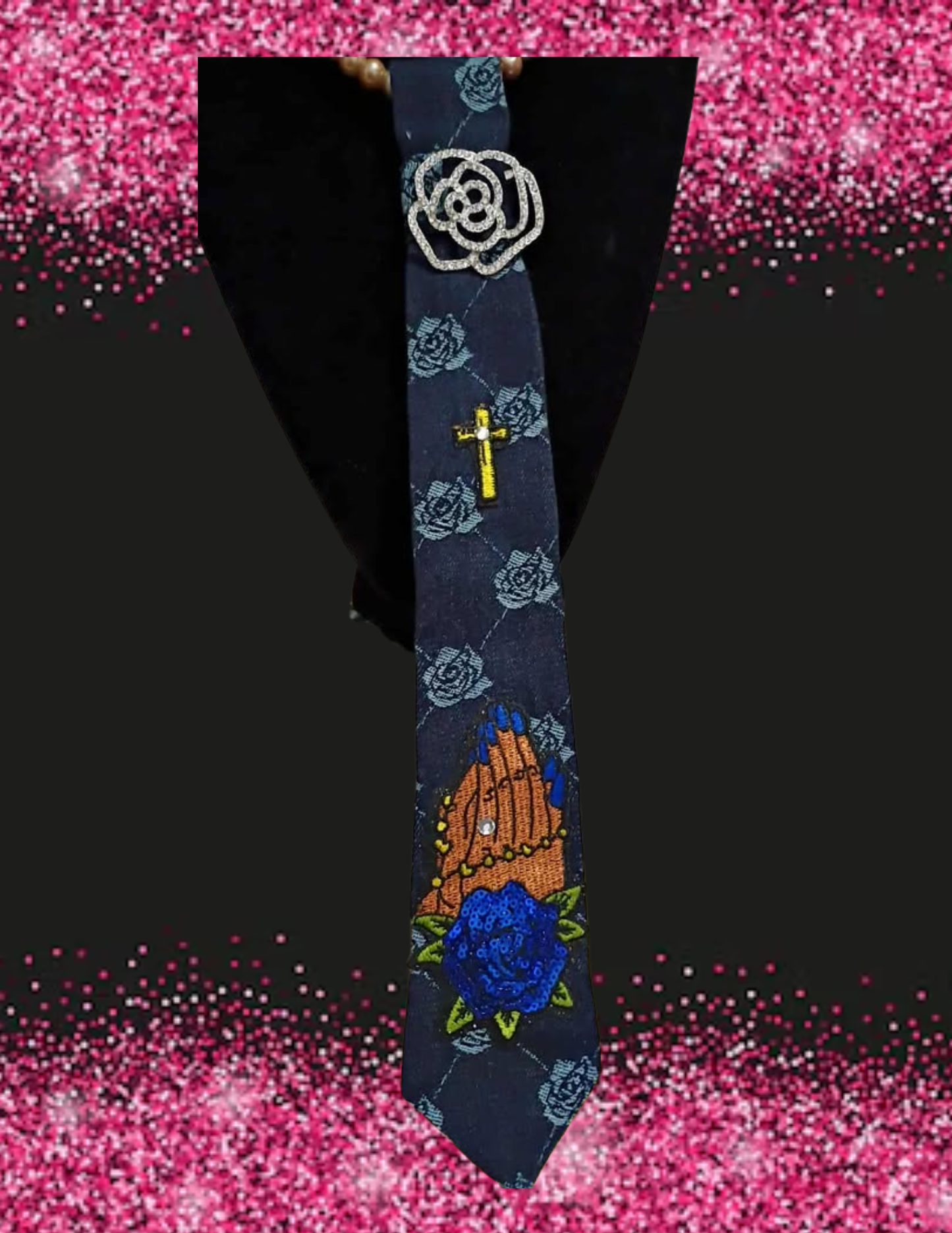 CUSTOM ROSE  JEAN PRAYER HAND TIE