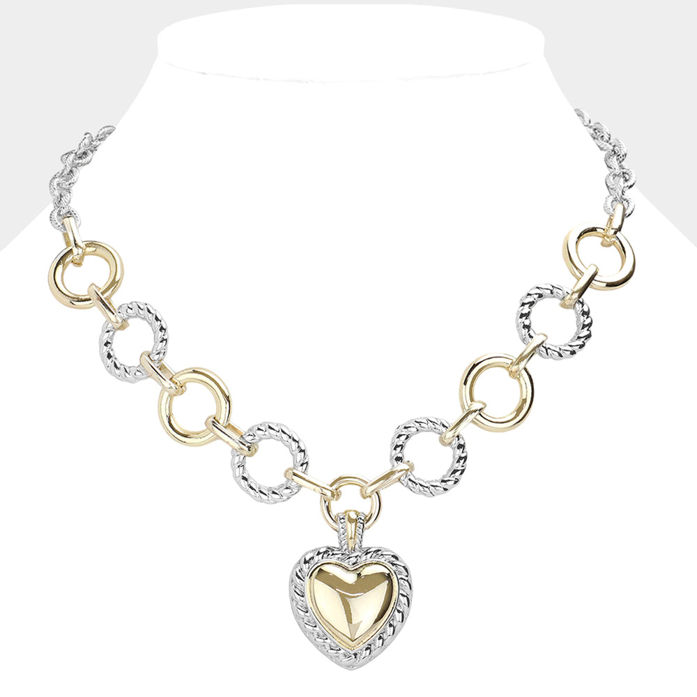 14K Gold  Two Tone Textured Metal Heart Pendant Necklace