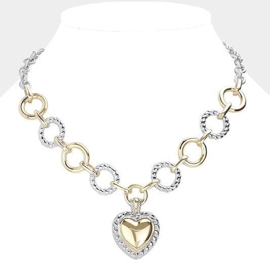 14K Gold  Two Tone Textured Metal Heart Pendant Necklace