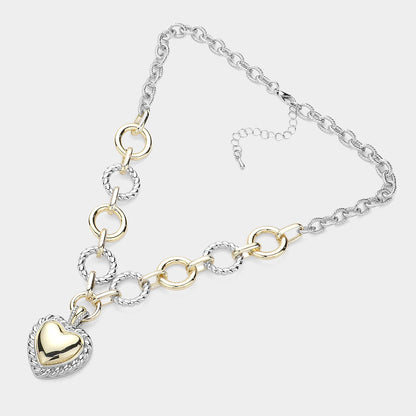 14K Gold  Two Tone Textured Metal Heart Pendant Necklace