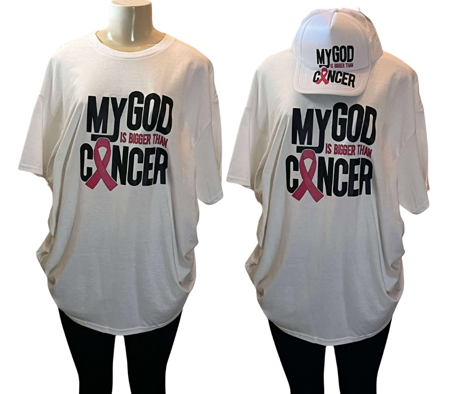 MY GOD IS BIGGER THAN CANCER T-SHIRT WITH  MATCHING HAT