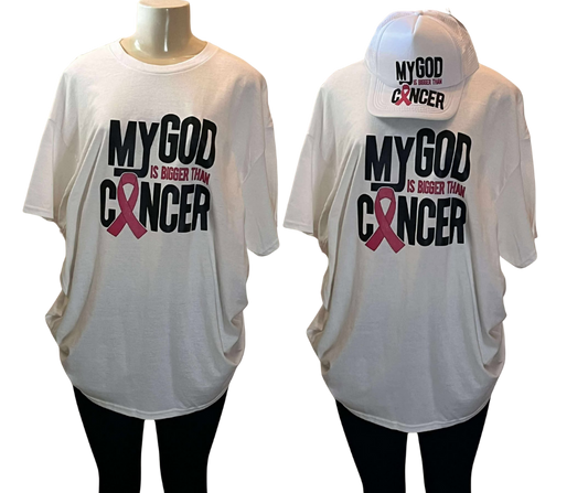 MY GOD IS BIGGER THAN CANCER T-SHIRT WITH  MATCHING HAT