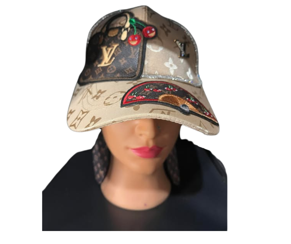 TAN LV PATCH CUSTOM HAT WITH EARRINGS